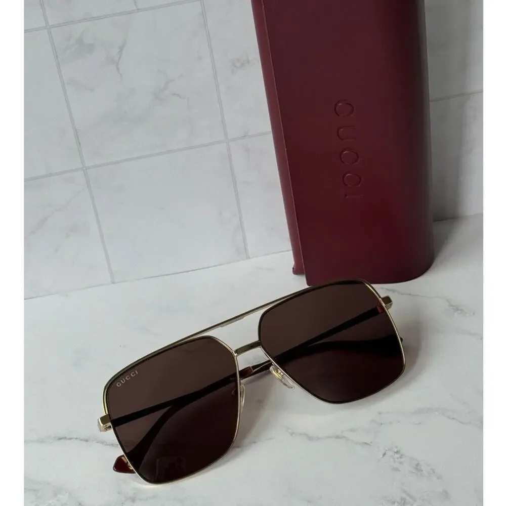 NEW Gucci GG1099SA Gold Brown Lens Navigator Sunglasses